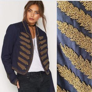Free People Heavily Beaded Cropped Military Band Jacket M/M Olive Green Cotton